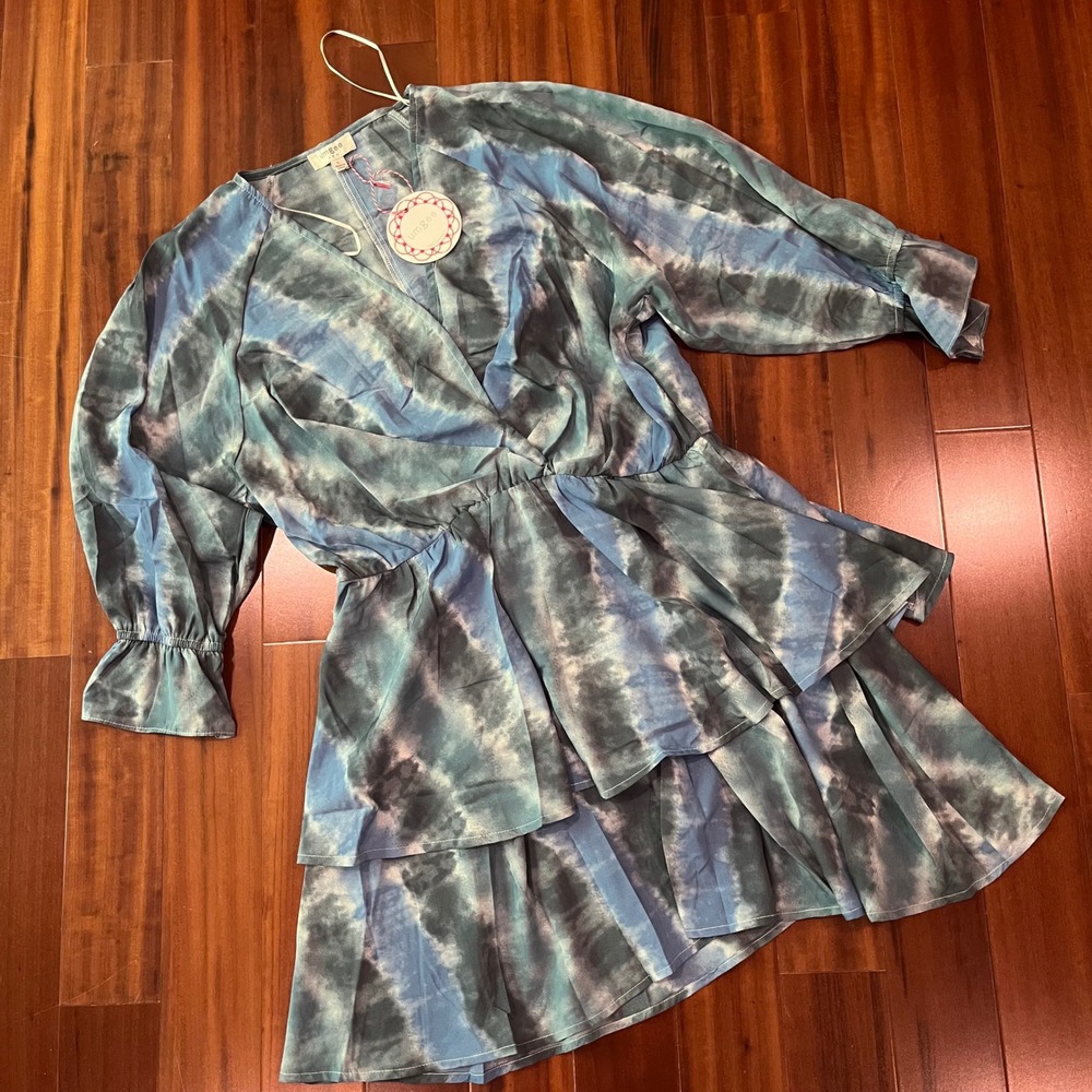Umgee Blue Dress Tie Dye Tiered Ruffle Mini V-Neck Long Sleeve Lightweight New L